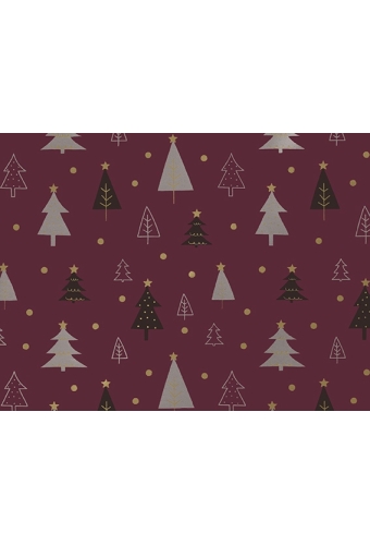 Kerstpapier Coated christmas trees aubergine goud 50cm x 200meter