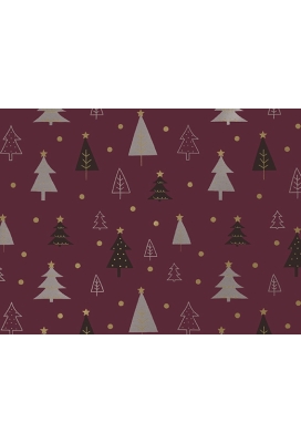 Kerstpapier Coated christmas trees aubergine goud 50cm x 200meter