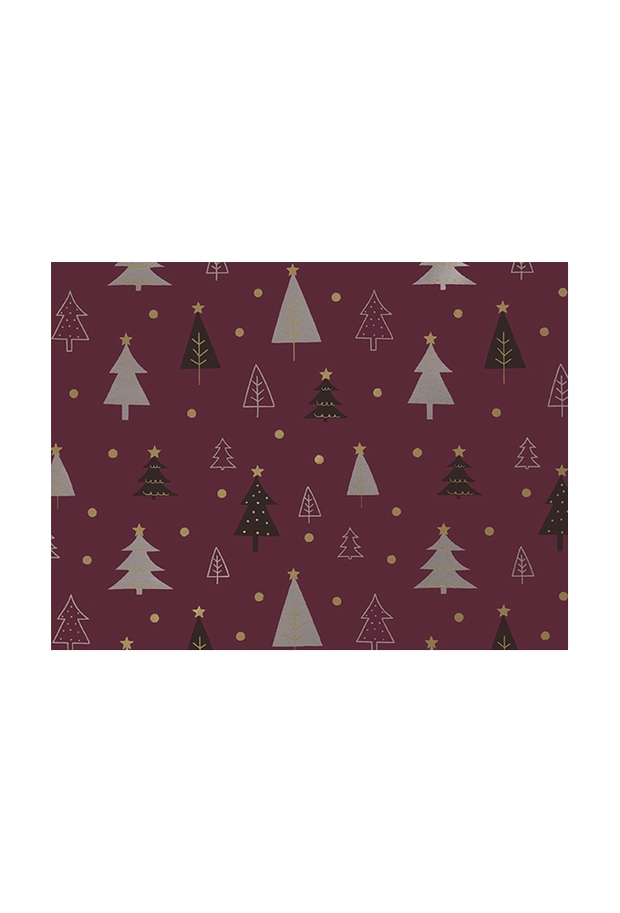 Kerstpapier Coated christmas trees aubergine goud 50cm x 200meter