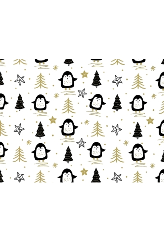 Kerstpapier Coated happy pinguin zwart & goud 70cm x 200meter