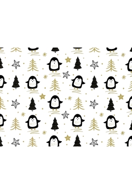 Kerstpapier Coated happy pinguin zwart & goud 70cm x 200meter
