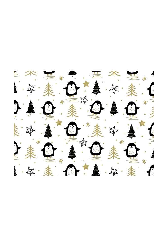 Kerstpapier Coated happy pinguin zwart & goud 70cm x 200meter