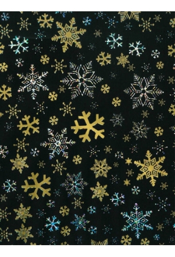 Kerstpapier Holographic snow crystal black & gold 70cm x 200meter