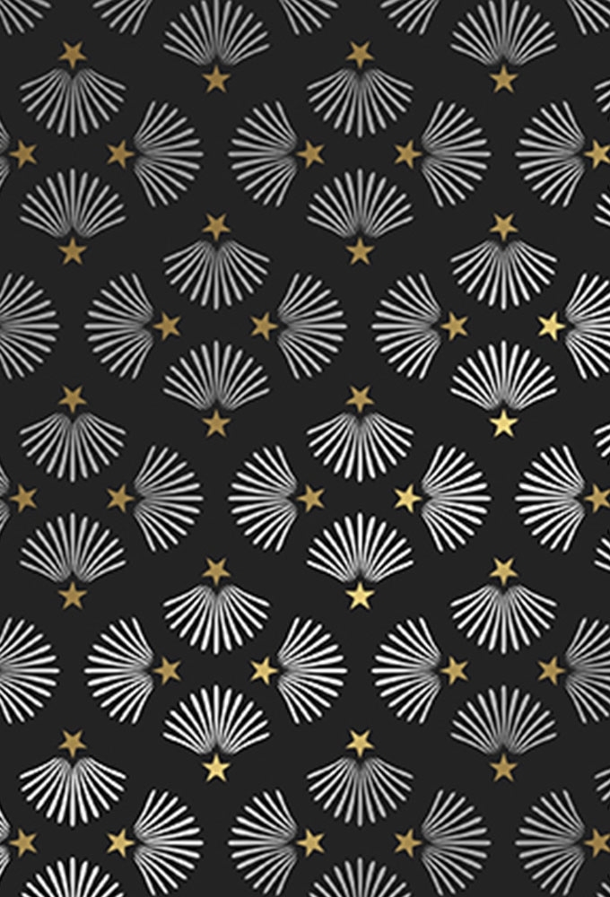 Kerstpapier Metallic Zwart Zilver Ster & Waaier 70cm x 200meter