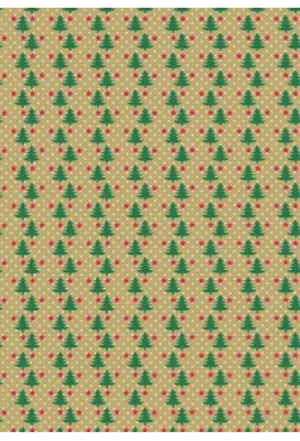 Kerstpapier Bruin Kraft Trees With Groen Rood Wit 30cm x 250meter
