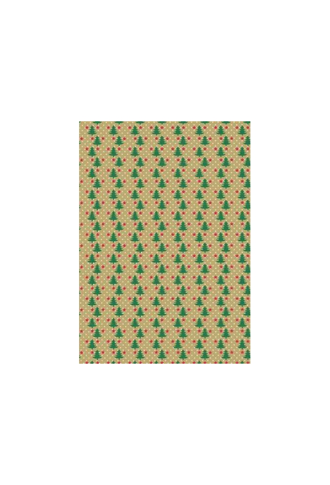 Kerstpapier Bruin Kraft Trees With Groen Rood Wit 30cm x 250meter