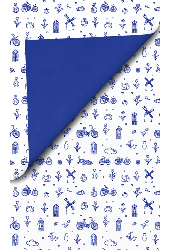 Geschenkpapier Kraft Wit Dubbelzijdig Delfts Icons Blue Eco 50cm x 100meter