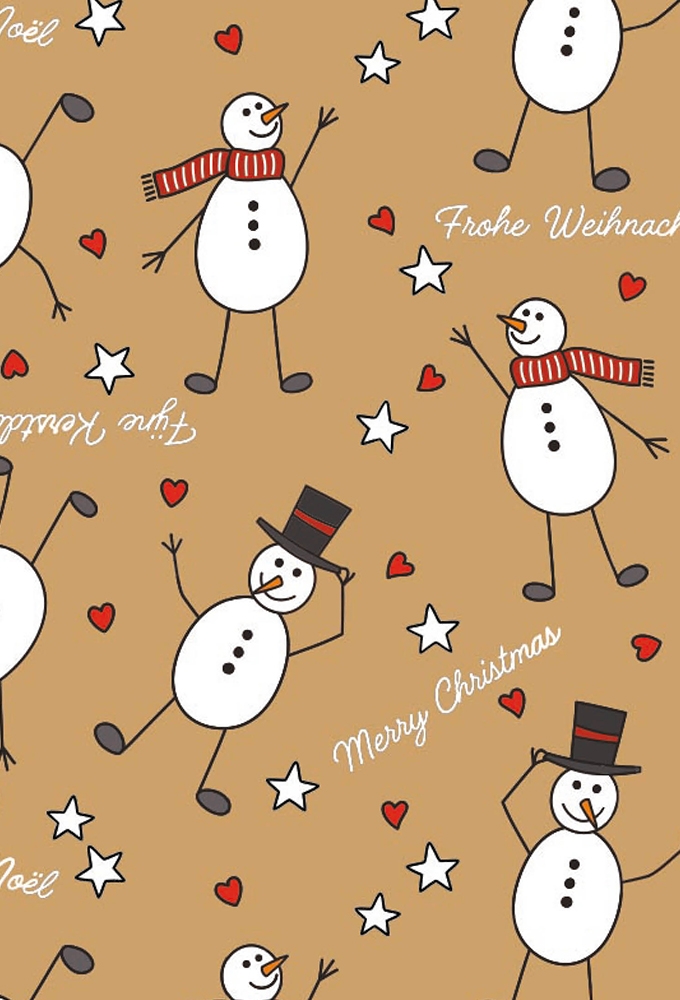 Kerstpapier Bruin Kraft Dancing Snowmen  50cm x 100meter