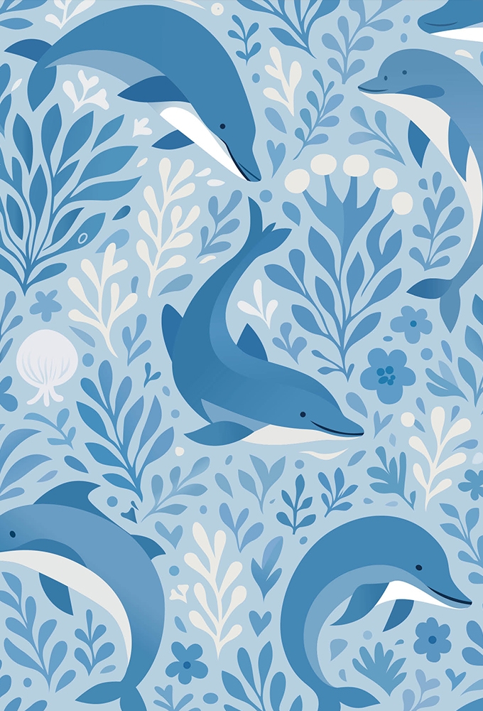 Geschenkpapier Wit Kraft Blue Dolphins 50cm x 200meter