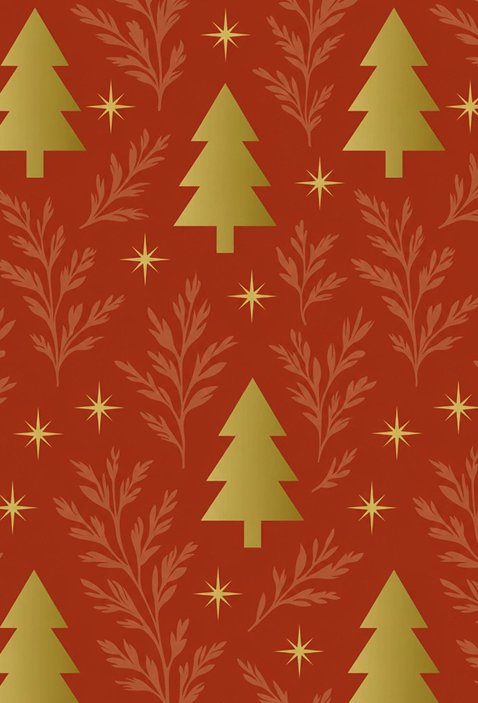 kerstpapier Coated Golden Pines Red 30cm x 100meter