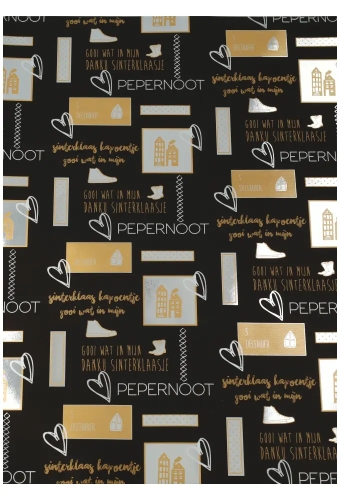 Sintpapier Metaalpapier Love Sint Zwart Goud 40cm x 125meter
