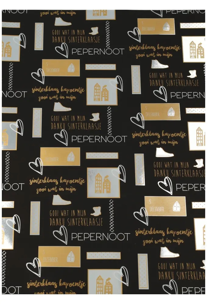 Sintpapier Metaalpapier Love Sint Zwart Goud 40cm x 125meter