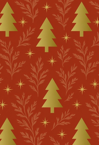 Kerstpapier Coated Golden Pines Red 70cm x 100meter