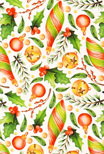 Kerstpapier Coated Papier KerstBallen en hulstak 70cm  x 200meter