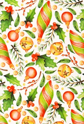Kerstpapier Coated Papier KerstBallen en hulstak 70cm  x 200meter