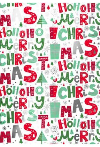 Kerstpapier Metallized Merry Xmas Wit Rood Groen 30cm x 100meter