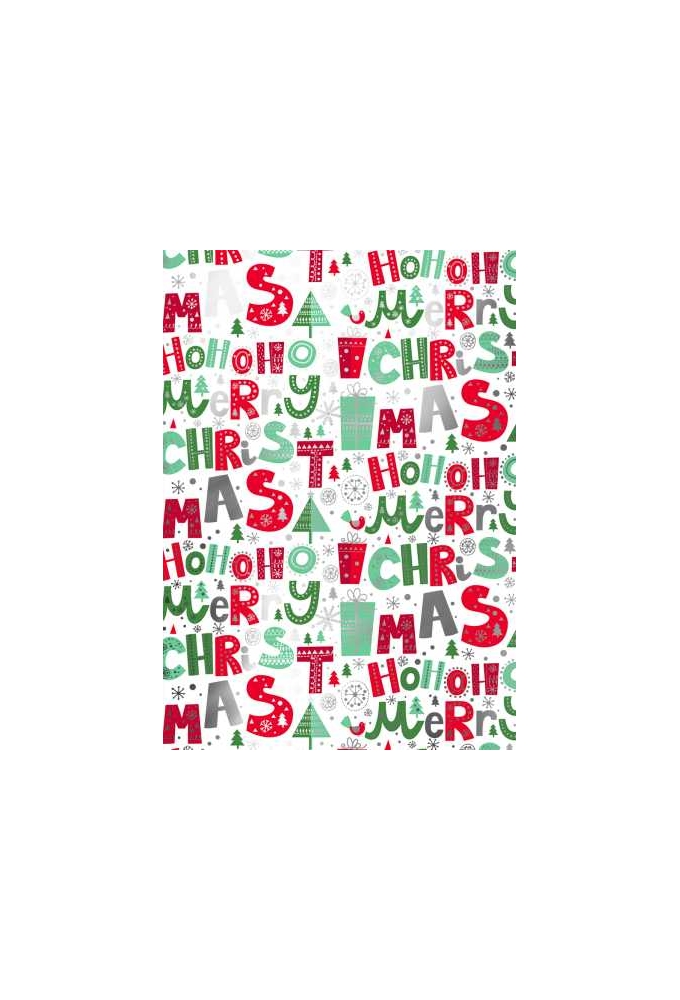 Kerstpapier Metallized Merry Xmas Wit Rood Groen 30cm x 100meter