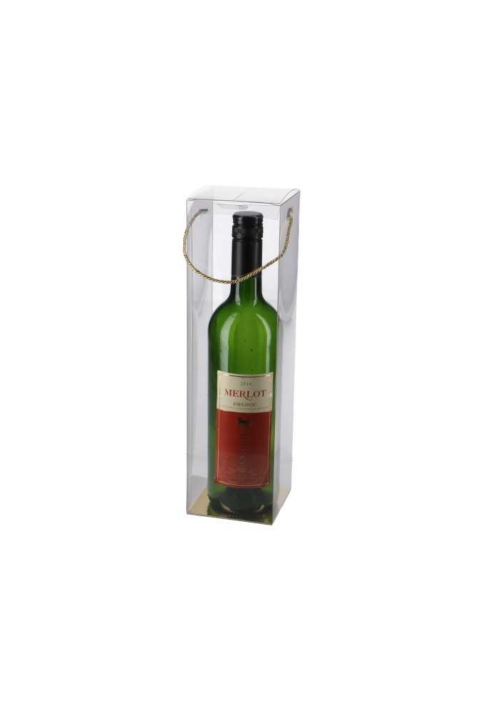 Transparant Wijnflesdoos & Koord Gouden & Bodem 8.8x8.8x31.9cm 100st