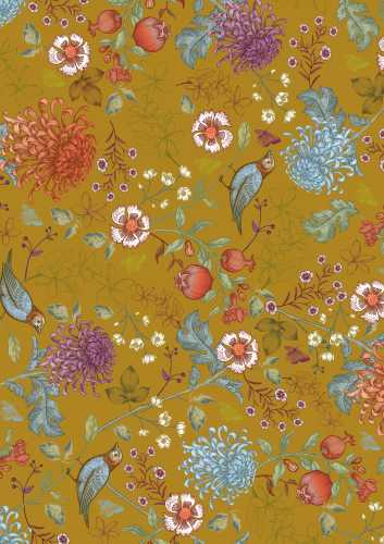 Kadopapier Coated birdy blommom ochre 70cm x 200meter