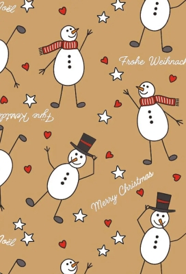 Kerstpapier Bruin Kraft Dancing Snowmen  50cm x 100meter