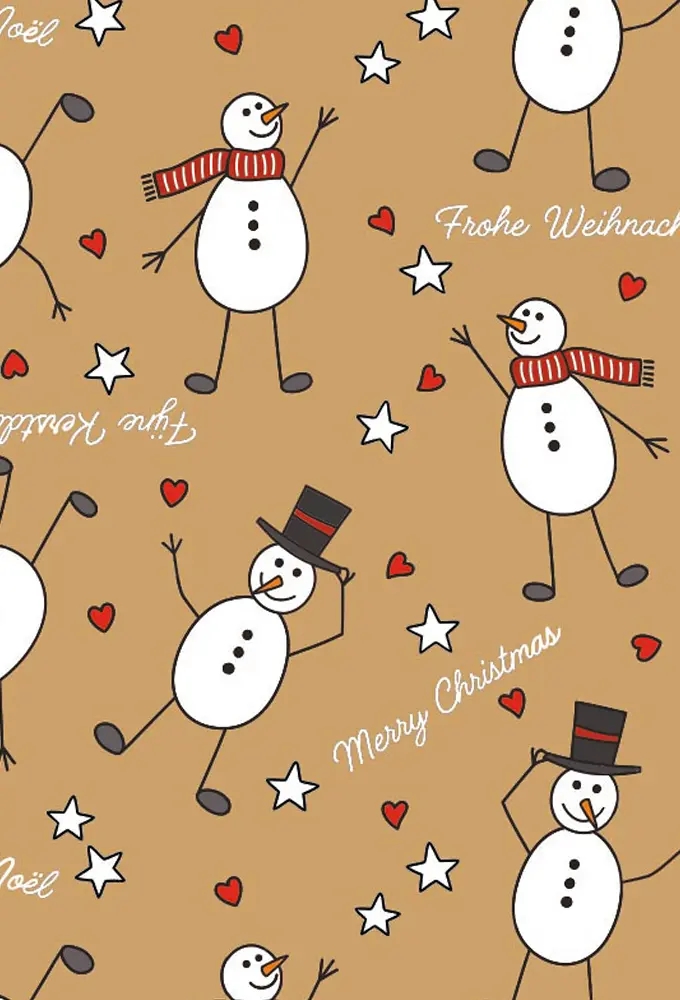 Kerstpapier Bruin Kraft Dancing Snowmen  50cm x 100meter