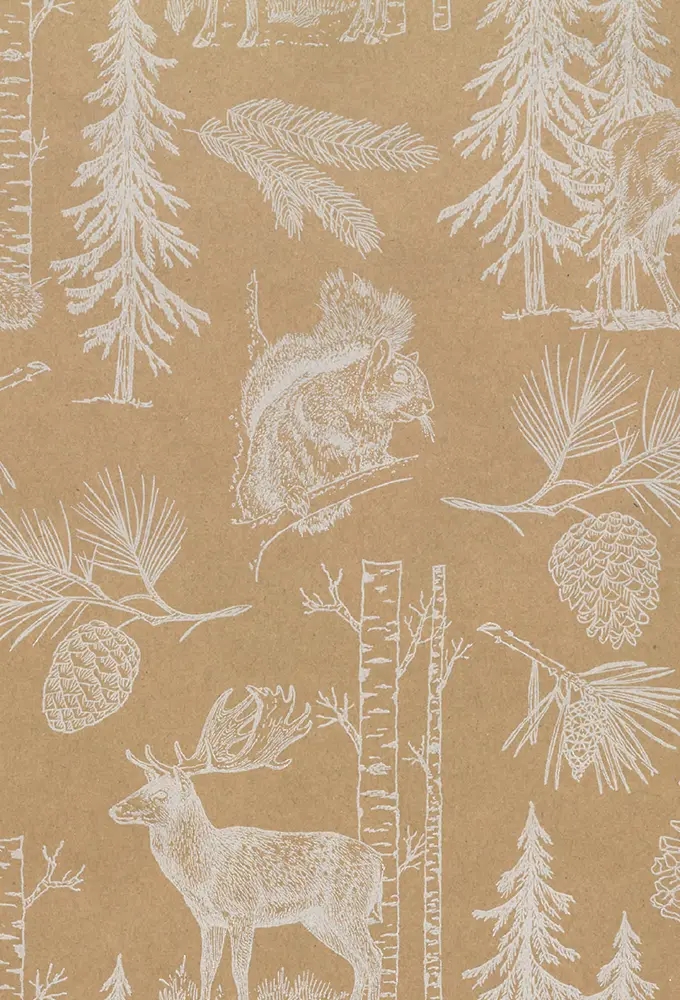 Kerstpapier Bruin Kraft Bosdieren in het Bos Kraft 30cm  x 200meter