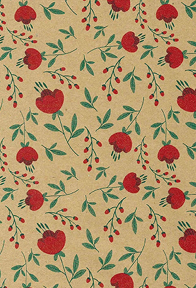 Cadeaupapier Bruin Kraft Flowers Rood 70cm x 200meter