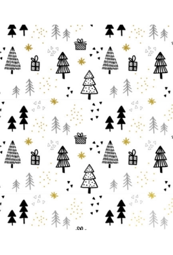 Kerstpapier Metallic pines & presents black & gold 70cm x 200meter