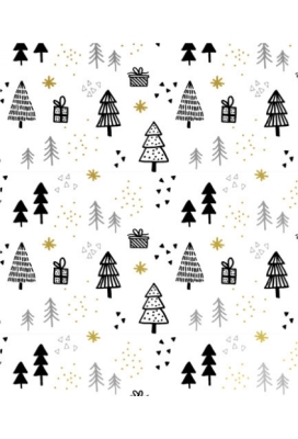 Kerstpapier Metallic pines & presents black & gold 70cm x 200meter