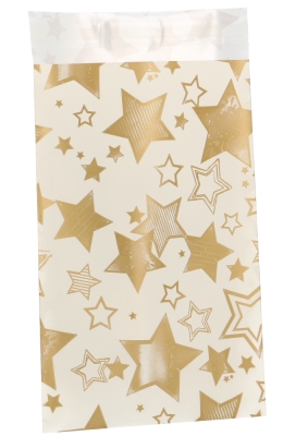 Kerstzakjes Folie Mita Plakstrip Stars Gold Creme 12x18.5+3cm 100stuks