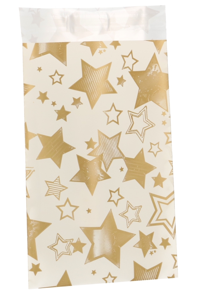 Kerstzakjes Folie Mita Plakstrip Stars Gold Creme 12x18.5+3cm 100stuks
