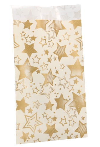 Kerstzakjes Folie Mita Plakstrip Stars Gold Creme 15x23.5+3cm 100stuks