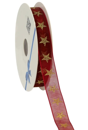 Kerstlint Organza Stars Bordeaux 15mm x 20meter