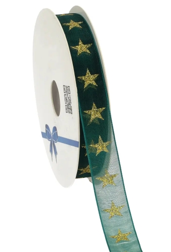 Kerstlint Organza Stars Donker Groen 15mm x 20meter