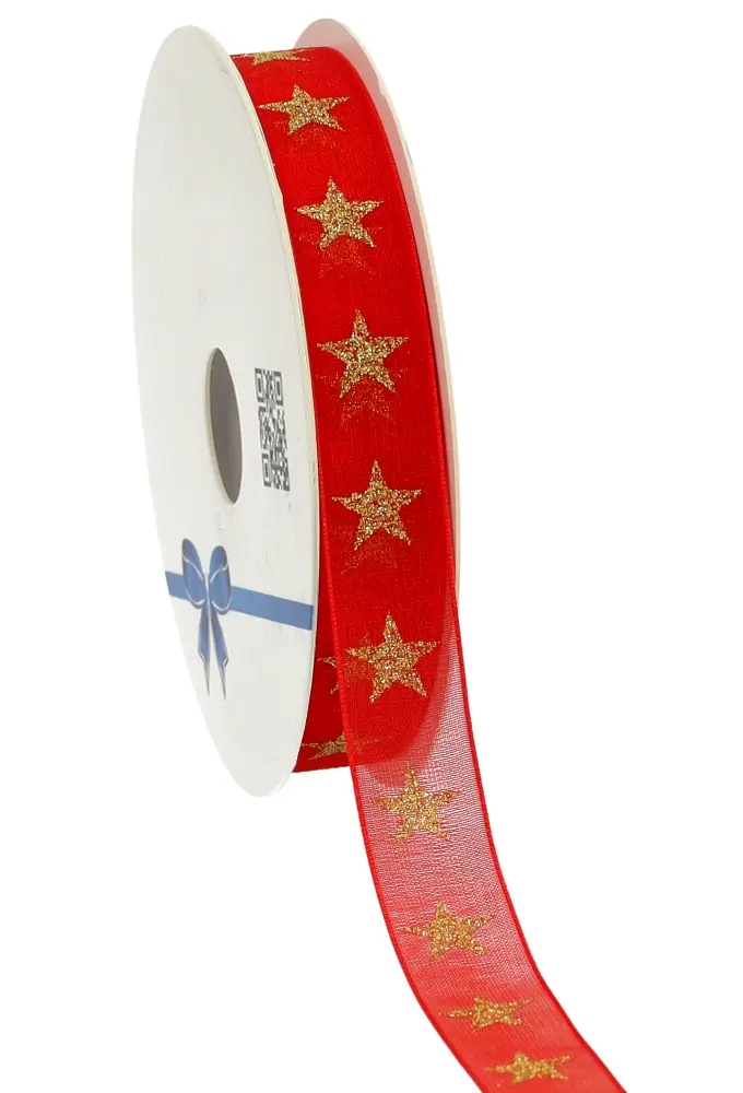 Kerstlint Organza Stars Rood 15mm x 20meter