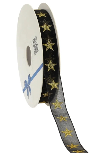 Kerstlint Organza Stars Zwart 15mm x 20meter