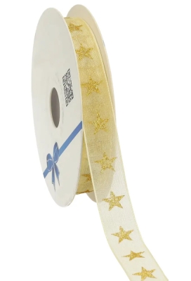 Kerstlint Organza Stars Ivoor 15mm x 20meter