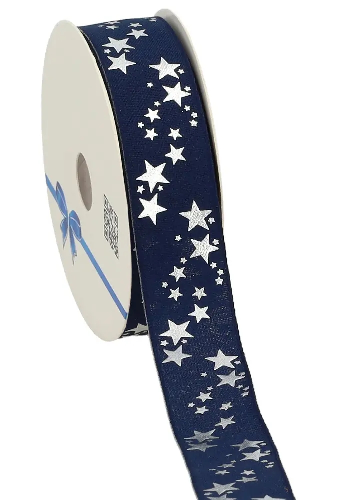 Kerstlint Naturel Stars Donker Blauw 25mm x 20meter