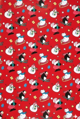 Kerstpapier Coated Papier Sneeuwman Kerstman pinguin Rood 30cm  x 200meter