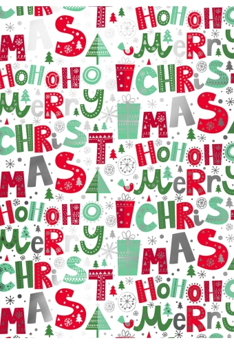 Kerstpapier Metallized Merry Xmas Wit Rood Groen 40cm x 100meter