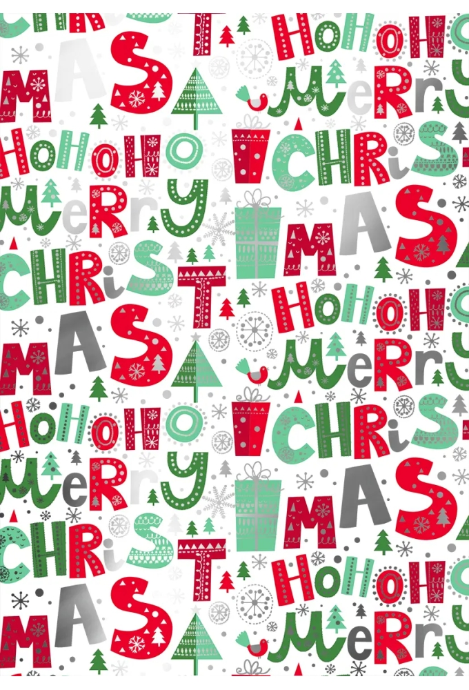 Kerstpapier Metallized Merry Xmas Wit Rood Groen 40cm x 100meter