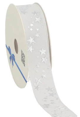Kerstlint Naturel Stars Wit 25mm x 20meter