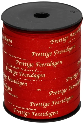 Kerst Krullint Metallic Mat Rood Prettige Feestdagen 10mm x 250meter