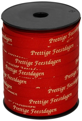 Kerst Krullint Metallic Mat Rood Prettige Feestdagen 10mm x 250meter