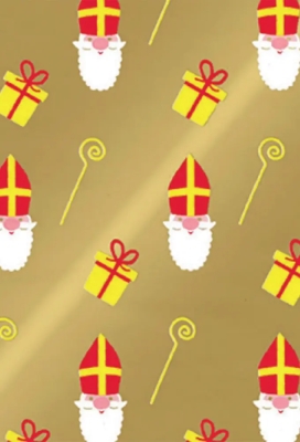 Sintpapier Sinterklaas Met Kado & Staf Goud 30cm  x  150meter