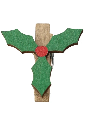 Houten Decoratie Holly Leaf Met Knijper 3.8x3.8cm 36stuks