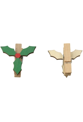 Houten Decoratie Holly Leaf Met Knijper 3.8x3.8cm 36stuks