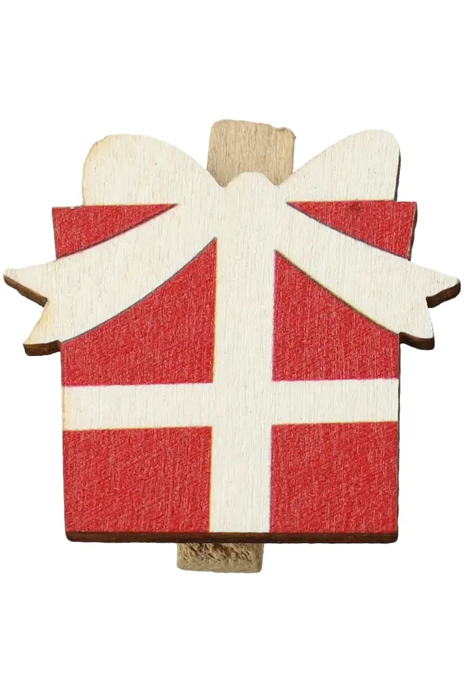 Houten Decoratie Kadootje Met Witte Strik Met Knijper 3.5x3.5cm 36stuks