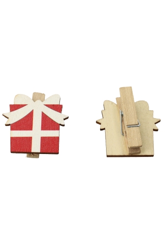 Houten Decoratie Kadootje Met Witte Strik Met Knijper 3.5x3.5cm 36stuks