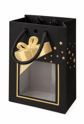 NIEUW Kersttasje Venster Zwart Gold Present Stars 11.5x6.4x14.6cm 24stuks